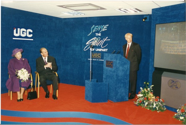 Archive photo of HRH Duke of Edinburgh and the Queen visiting Unipart in 1995