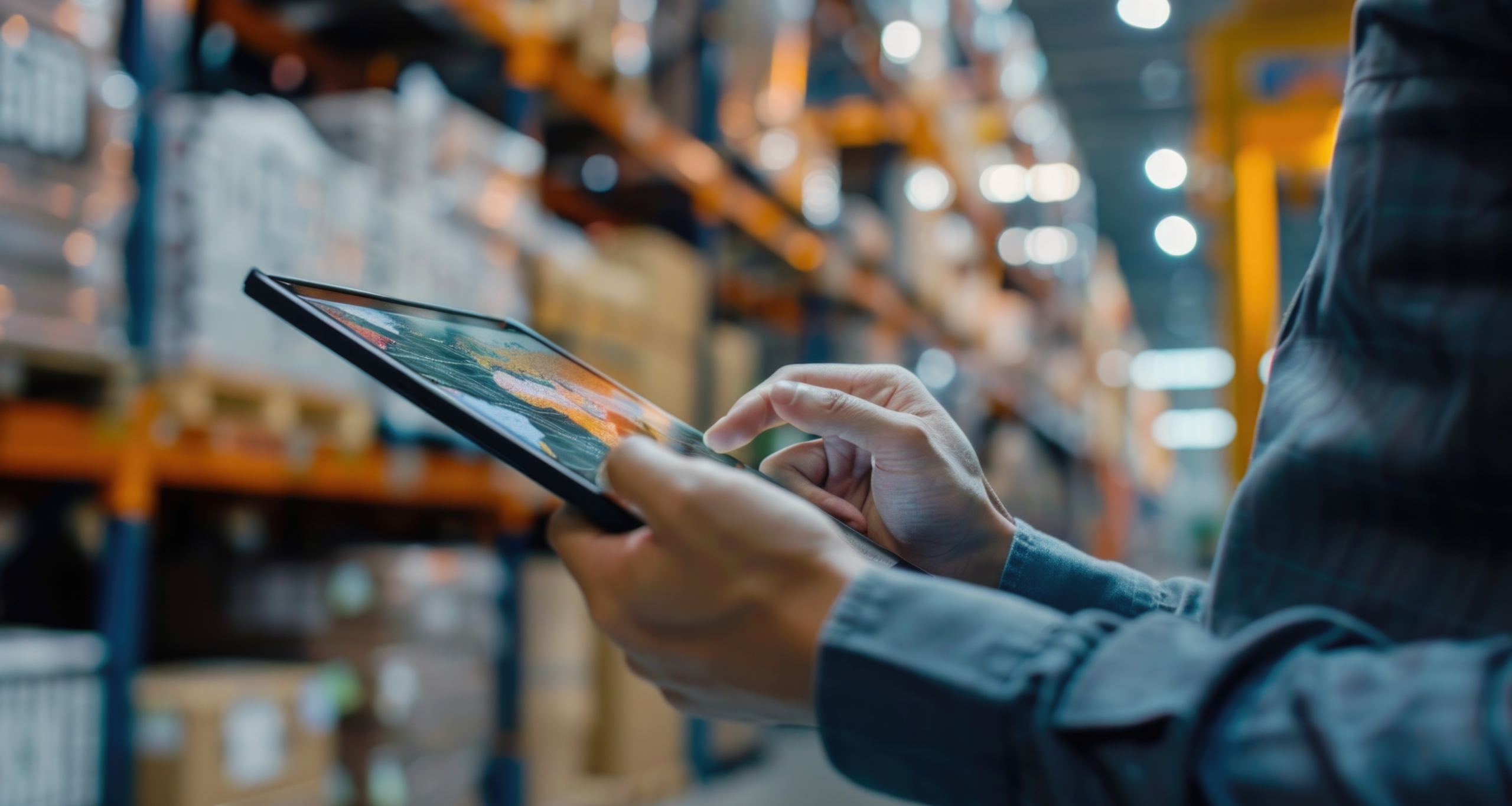 A closeup of a supply chain consultant using a tablet to monitor global logistics performance